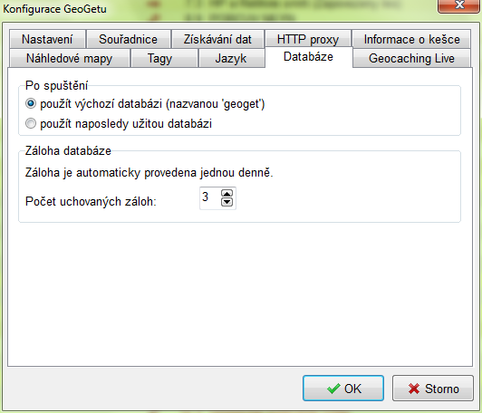Konfigurace GeoGetu - Databáze