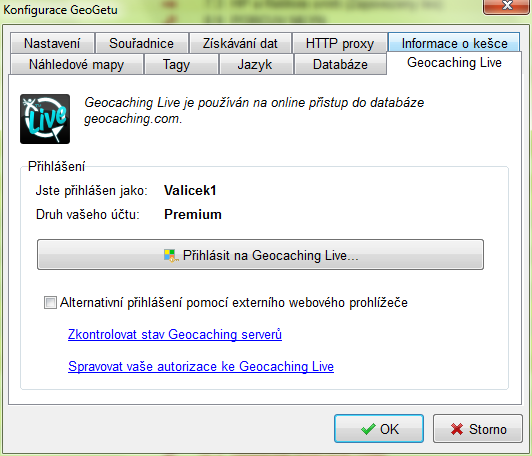 Konfigurace GeoGetu - Geocaching Live