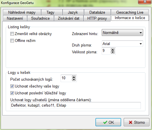 Konfigurace GeoGetu - Informace o kešce