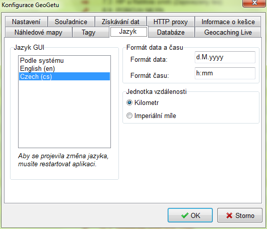 Konfigurace GeoGetu - Jazyk
