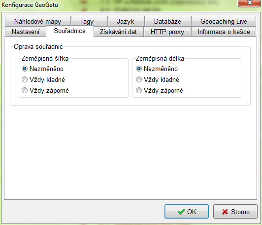 Konfigurace GeoGetu - Souřadnice